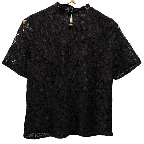 H & M Top Floral Lace Short Sleeve Blouse Black Womens Size Small - Picture 2 of 9